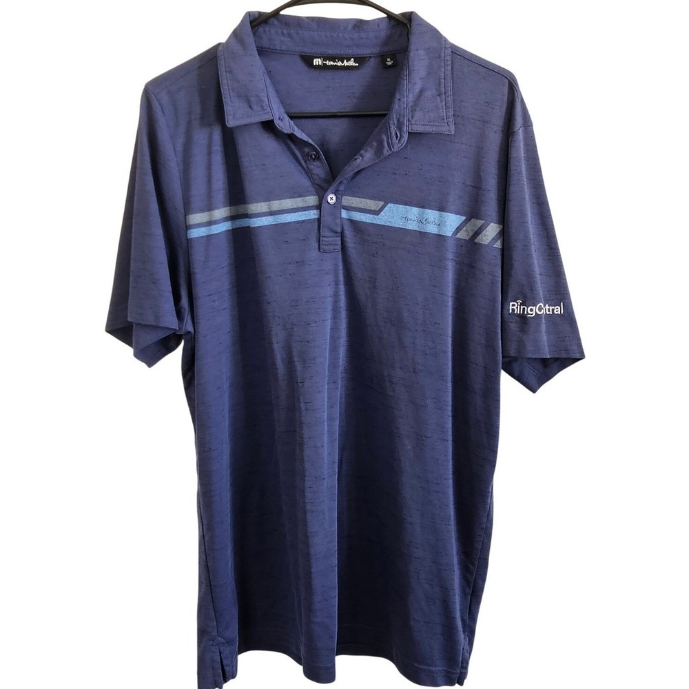 TravisMathew Mens XL Blue Heathered Stripe Golf Polo Shirt RingCentral Logo